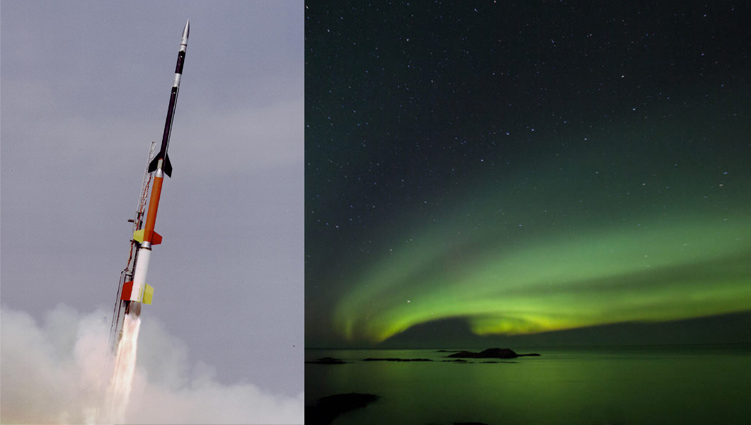 Lijevo: Lansiranje rakete Black Brant XII (datum nepoznat). Desno: Andenes, Norveška. Pogled na polarnu svjetlost iznad svemirskog centra Andøya.