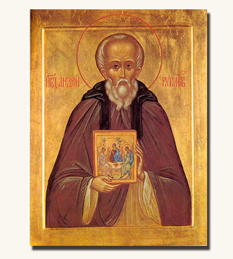Icona di Andrej Rubljov con in mano l'icona della Trinità