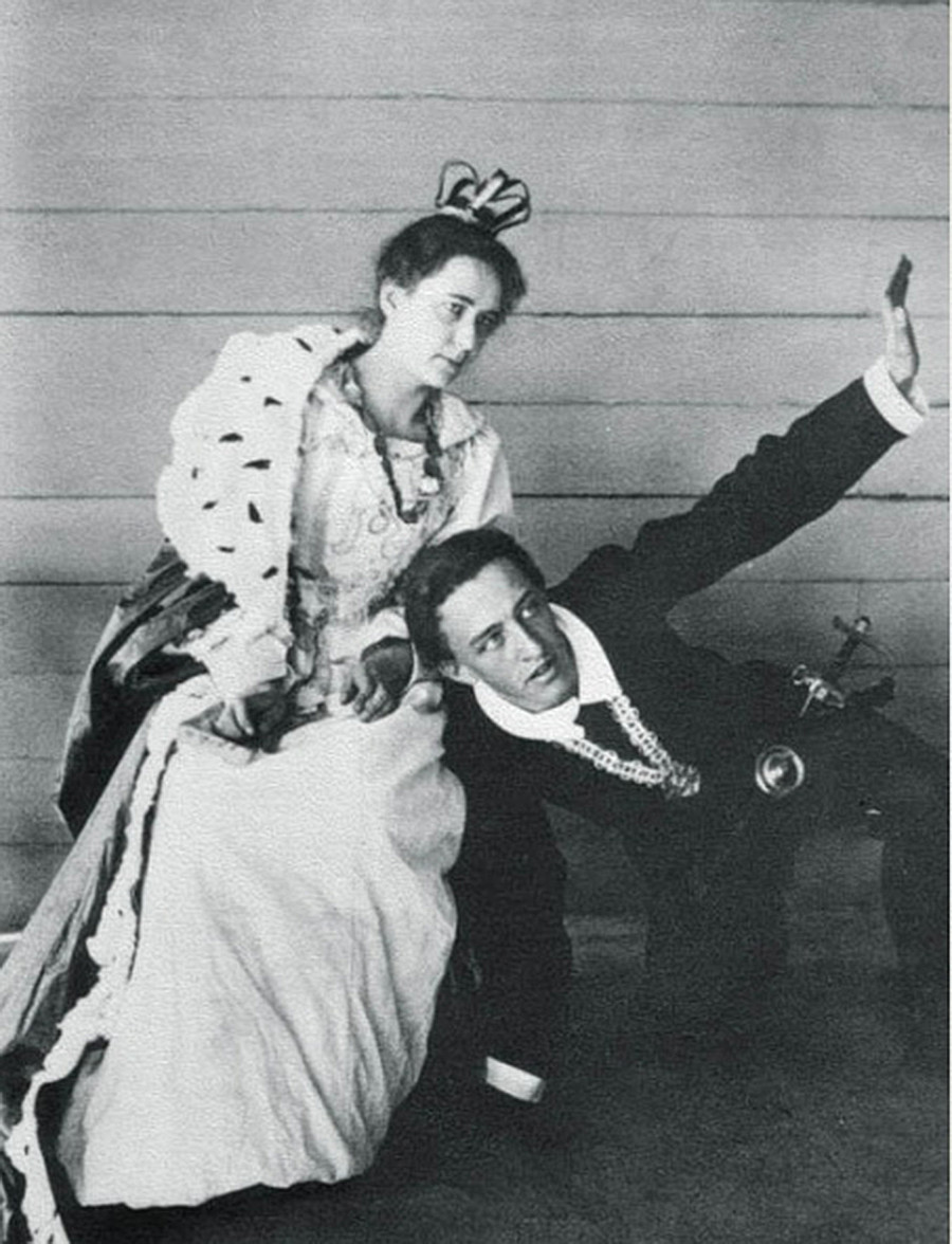 Alexander Blok and Lyubov Mendeleeva acting a scene from W. Shakespeare's play 'Hamlet'. Summer 1898