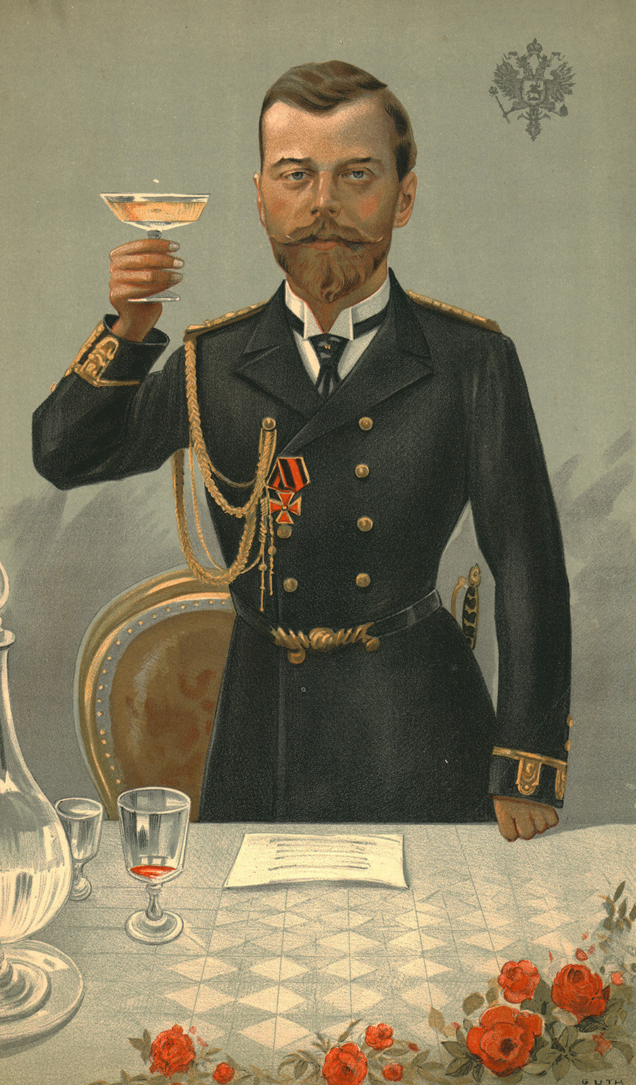'The Little Father', 1897. Portrait of Tsar Nicholas II of Russia (1868-1918), raising a toast. Published in Vanity Fair, 21 October 1897. Artist Jean Baptiste Guth.