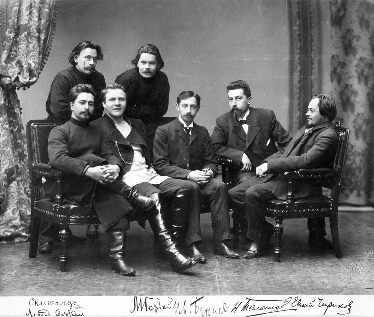 Early 20th century Russian writers from the 'Sreda' literary circle. Lower line L-R: Leonid Andreyev, singer Feodor Chaliapin, Ivan Bunin, Nikolai Teleshov, Konstantin Pyatnitsky; upper line: Skitalets (Stepan Petrov), Maxim Gorky