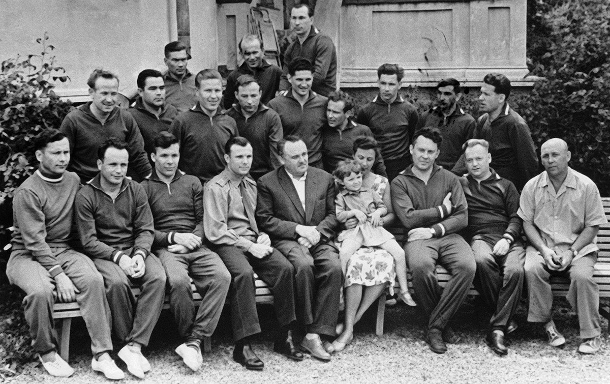 Members of the first group of Soviet cosmonauts in 1961. Second row (left to right): Alexei Leonov, Andriyan Nikolayev, Mars Rafikov, Dmitry Zaikin, Boris Volynov, Gherman Titov, Grigory Nelyubov, Valery Bykovsky, Georgy Shonin. 