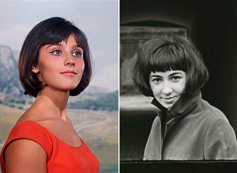 À gauche : l'actrice soviétique Natalia Varleï dans le film La Prisonnière du Caucase; À droite : une jeune femme à Moscou