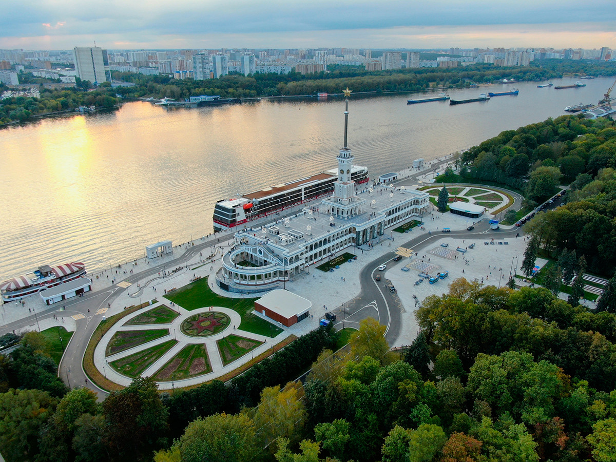 Aerial view is a beautiful panorama of the renovated Northern River Station in Moscow