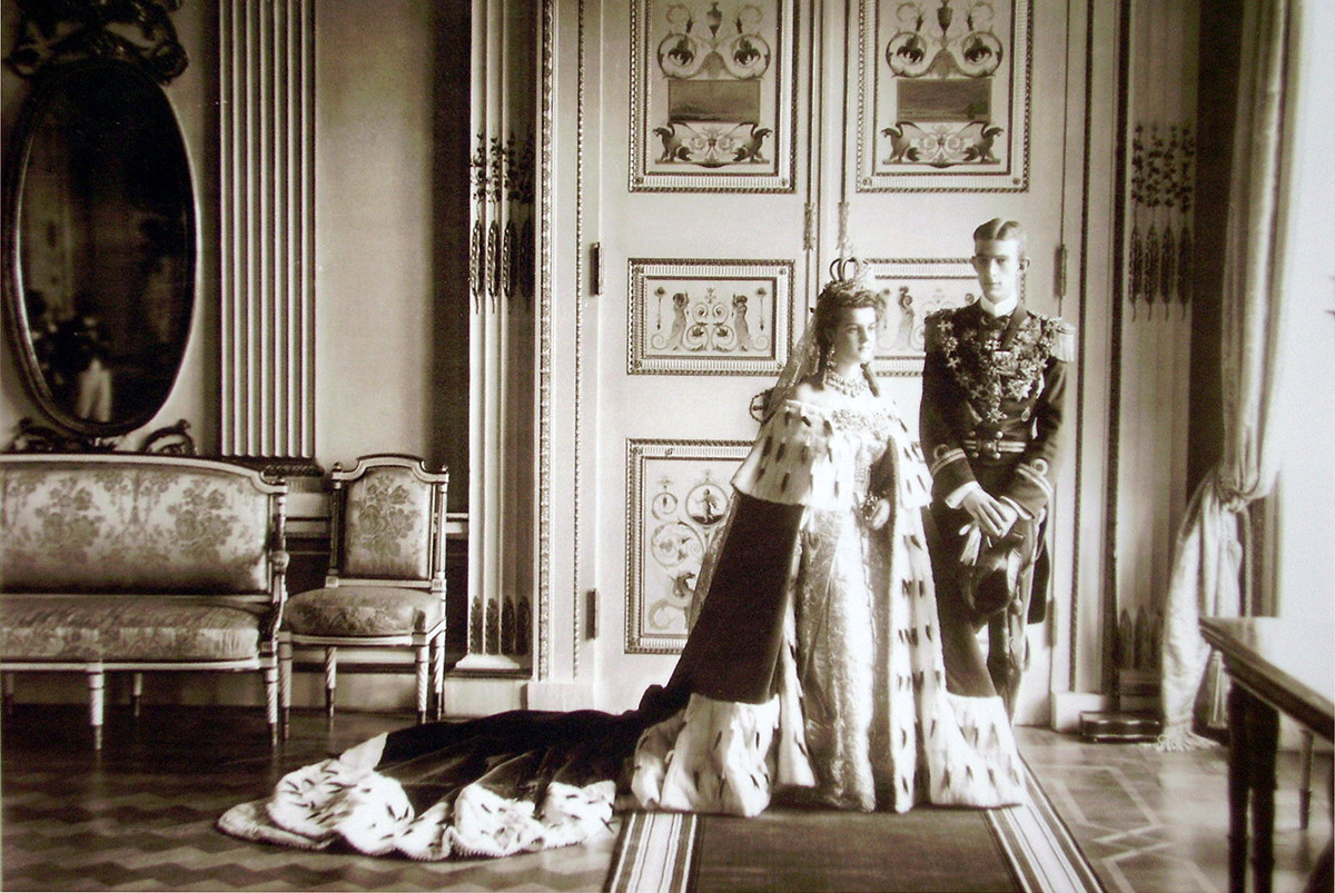 Die Hochzeit der Großherzogin Maria Pawlowna, der Enkelin von Alexander II., und Prinz Wilhelm, Herzog von Södermanland, einem schwedischen und norwegischen Prinzen. 1908.
