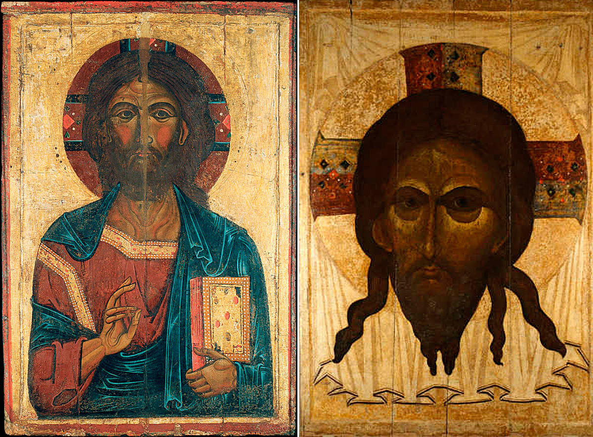 Links: eine Ikone des Christus Pantokrators aus dem 13. Jahrhundert; rechts: eine Ikone des Christus von Edessa aus dem 14. Jahrhundert.
