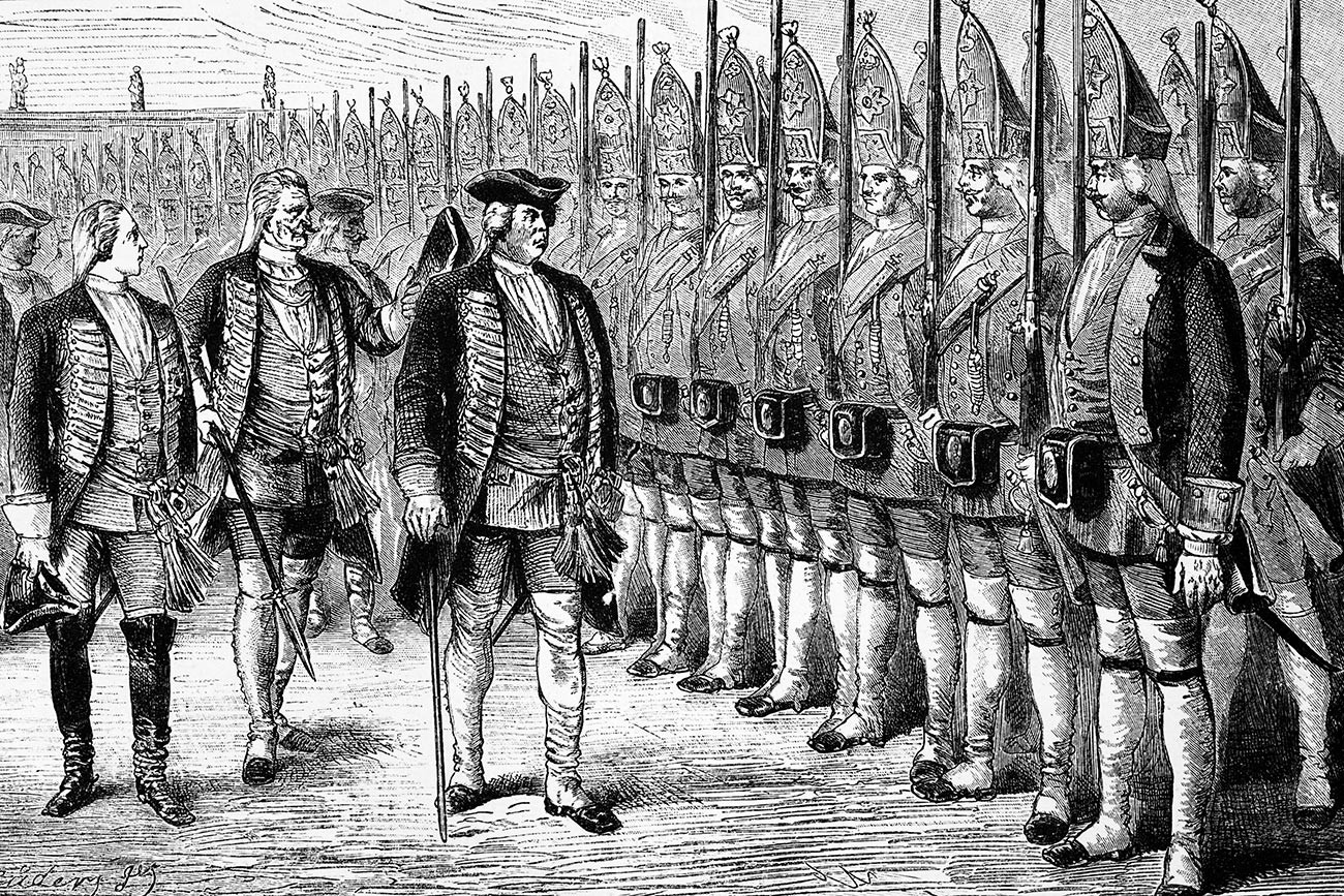 King Frederick William I of Prussia inspecting his giant guards, known as the Grand Grenadiers Of Potsdam, although most called them The Potsdam Giants.
