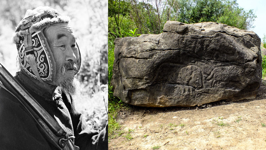 A Nanai hunter (L); an ancient stone carving showing a mammoth