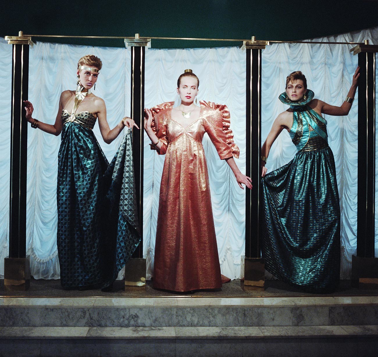 Arbat Fashion House, 1989. Evening dresses of colored brocade.