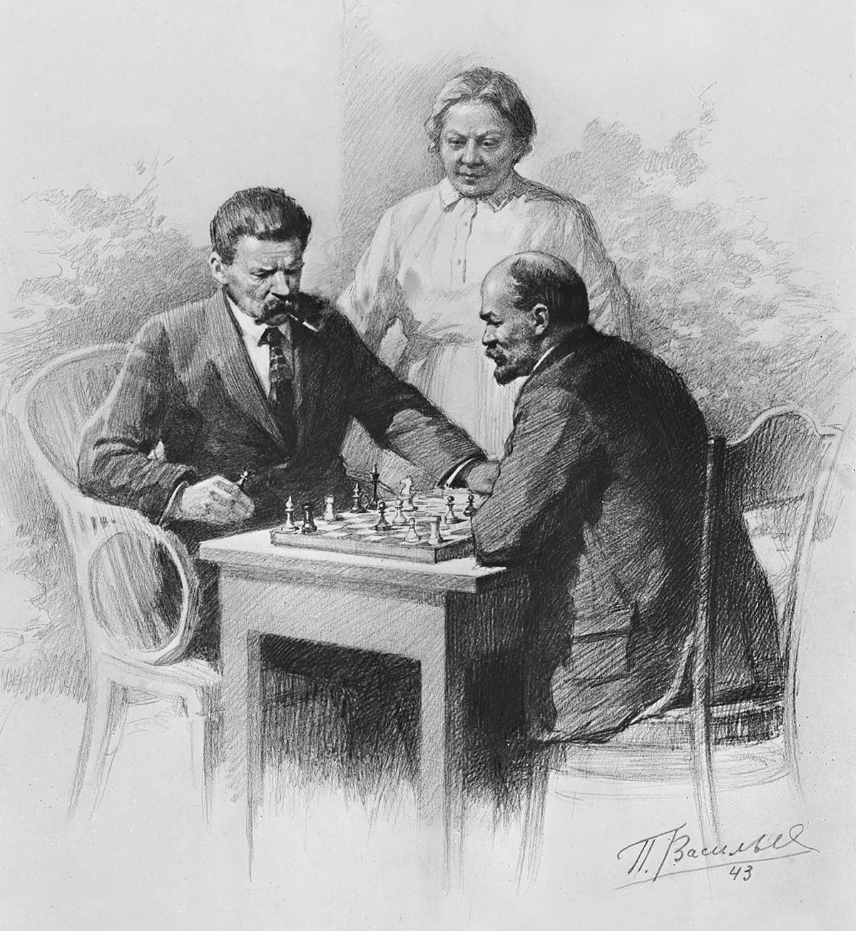 Dibujo 'Vladímir Lenin, Maxim Gorki y Nadezhda Krúpskaia' de Piotr Vasílyev.