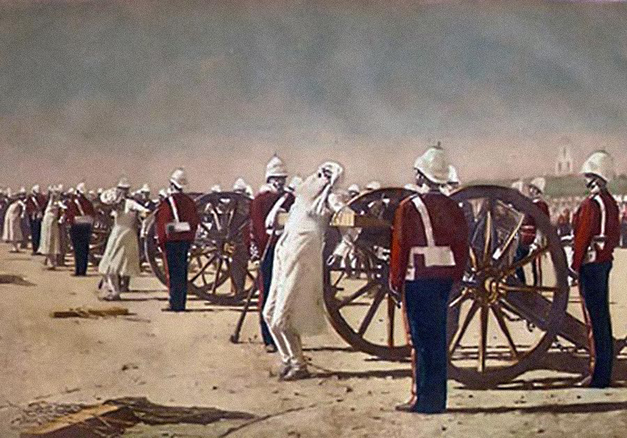 Pogubljenje sepoja topovskom paljbom prilikom gušenja ustanka u Indiji.
