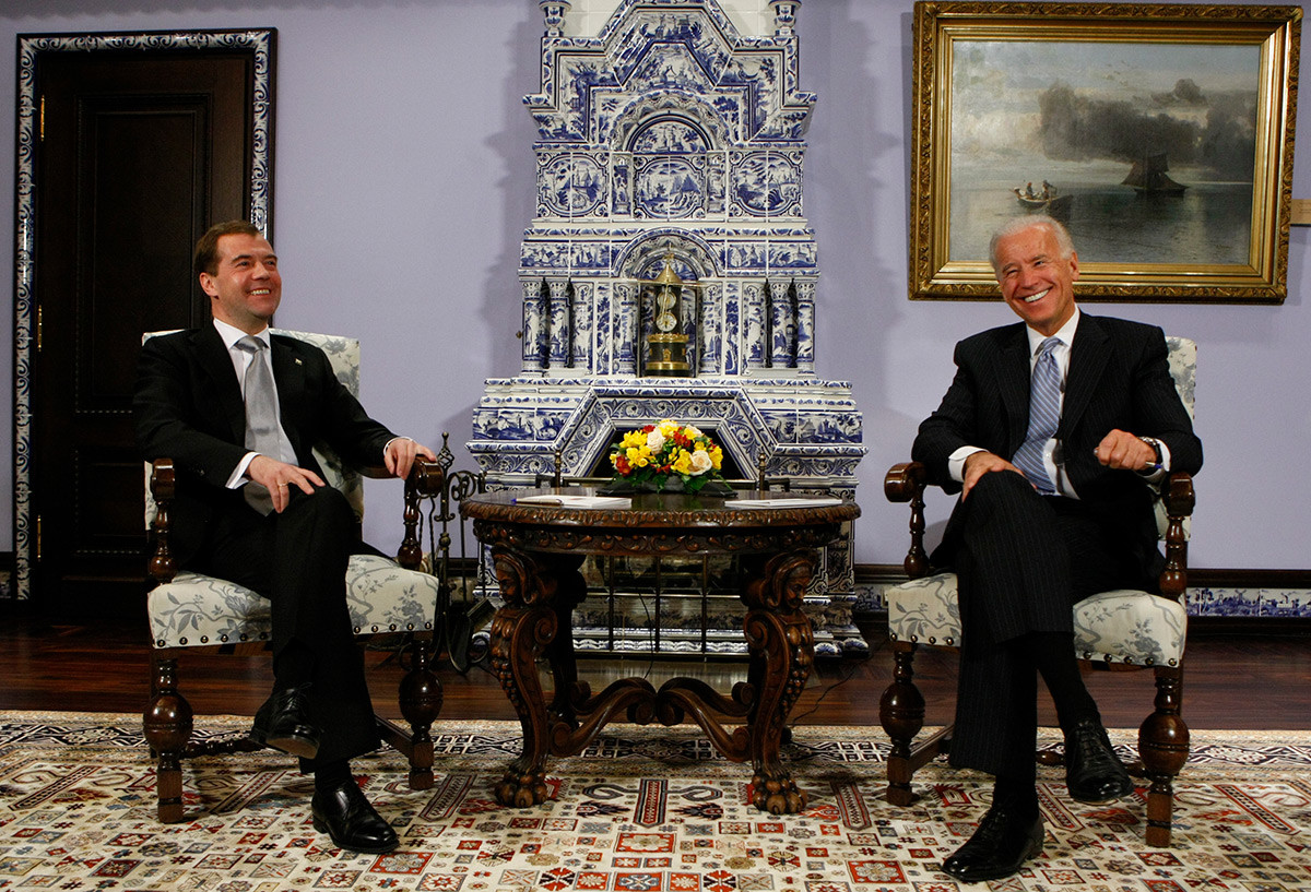Vice President of the United States Joe Biden, right, and Russian President Dmitry Medvedev smile during their meeting at the Gorky presidential residence outside Moscow, Russia, Wednesday, March 9, 2011.