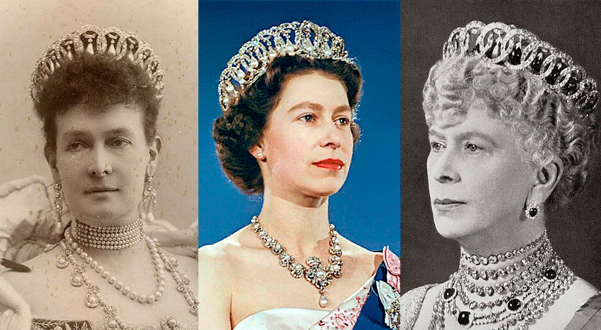 Мария Павловна с тиара (вариант с перли); Елизабет II с Владимирската тиара; Мария Текская с тиара (вариант със смарагди)
