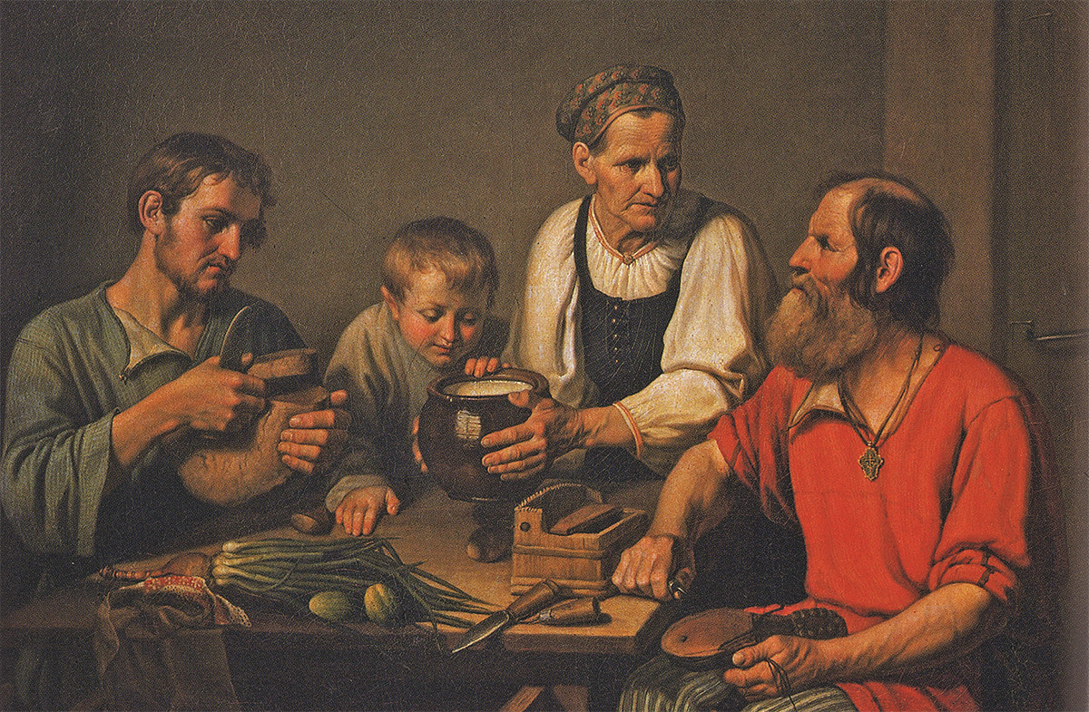 Ф.Г. Солнцев. Крестьянское семейство перед обедом, 1824 год 