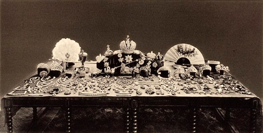 This photo shows the Romanovs' treasures found by Bolsheviks and prepared for sale. 