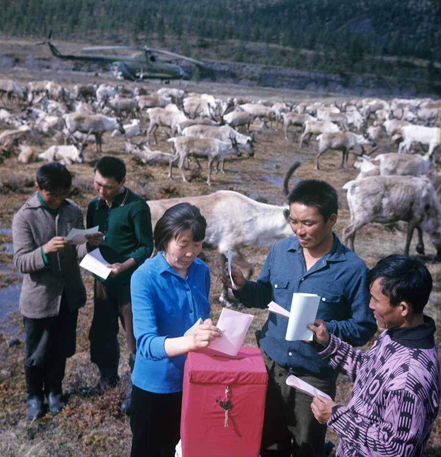 Volitve v Vrhovni sovjet ZSSR na eni od farm za vzrejo severnih jelenov, junij 1975