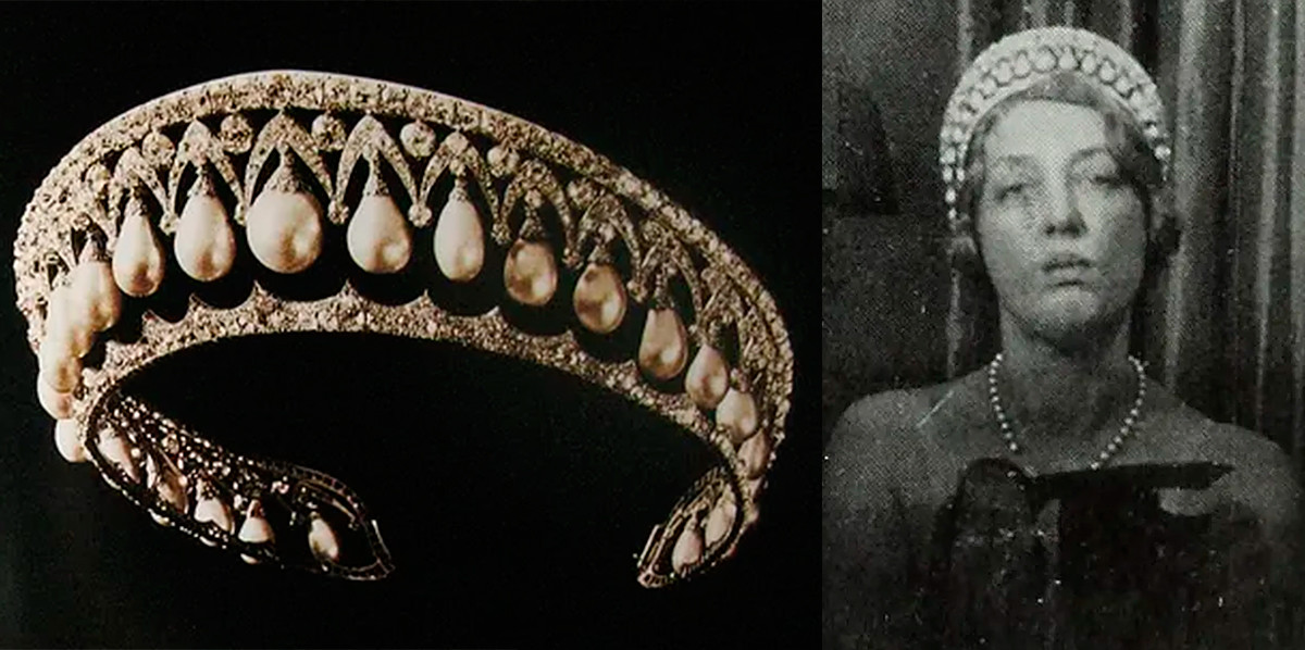 パールの冠（左）と冠をつけているマルボロ公爵夫人（右）