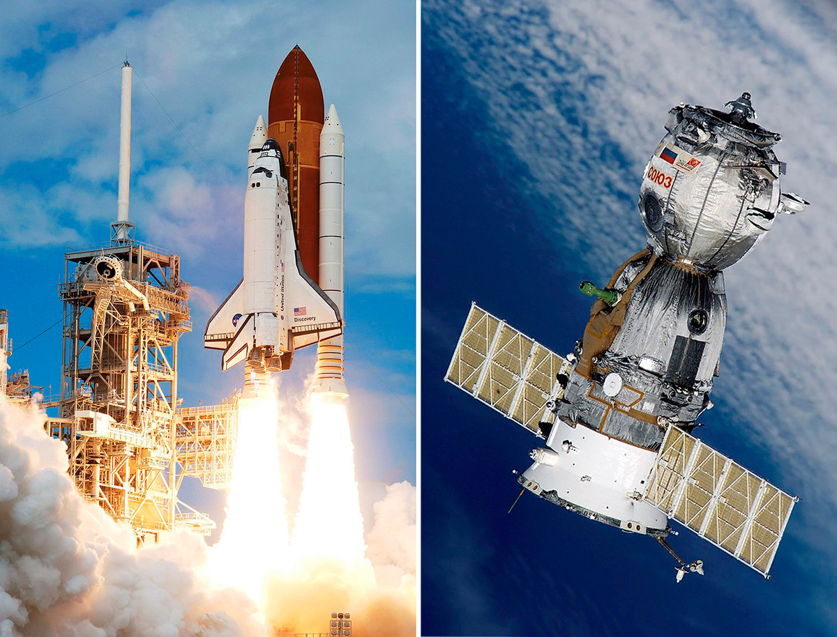L: Shuttle Discovery; r: Sojus-Raumschiff