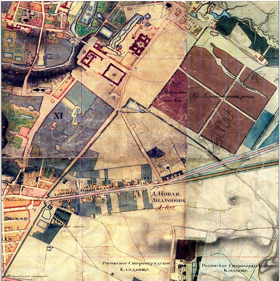 A topographical map of the location in the 1850s. The big triangle in the middle would eventually  be totally taken up by ‘Serp i Molot’