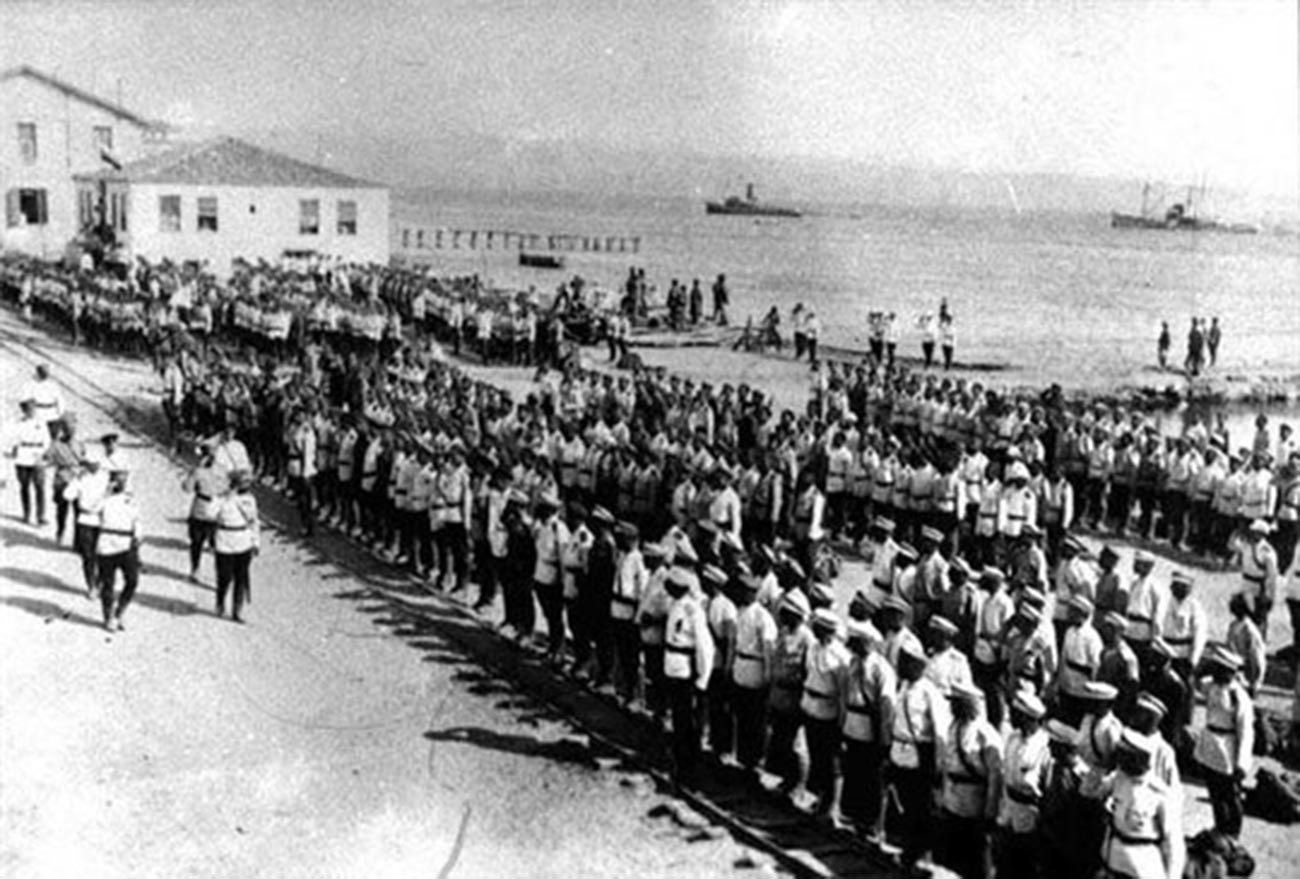 ブルガリアへ出航する前にガリポリ半島で軍を見て回るA・P・クテーポフ将軍、1921年