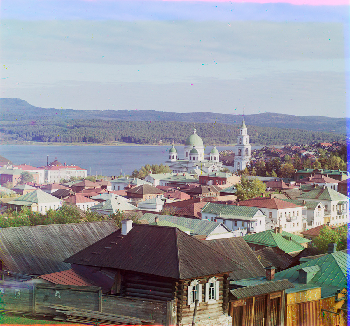 Zlatoust. View from Observatory toward southeast with Trinity Cathedral and City Pond on Ai River. 1909.