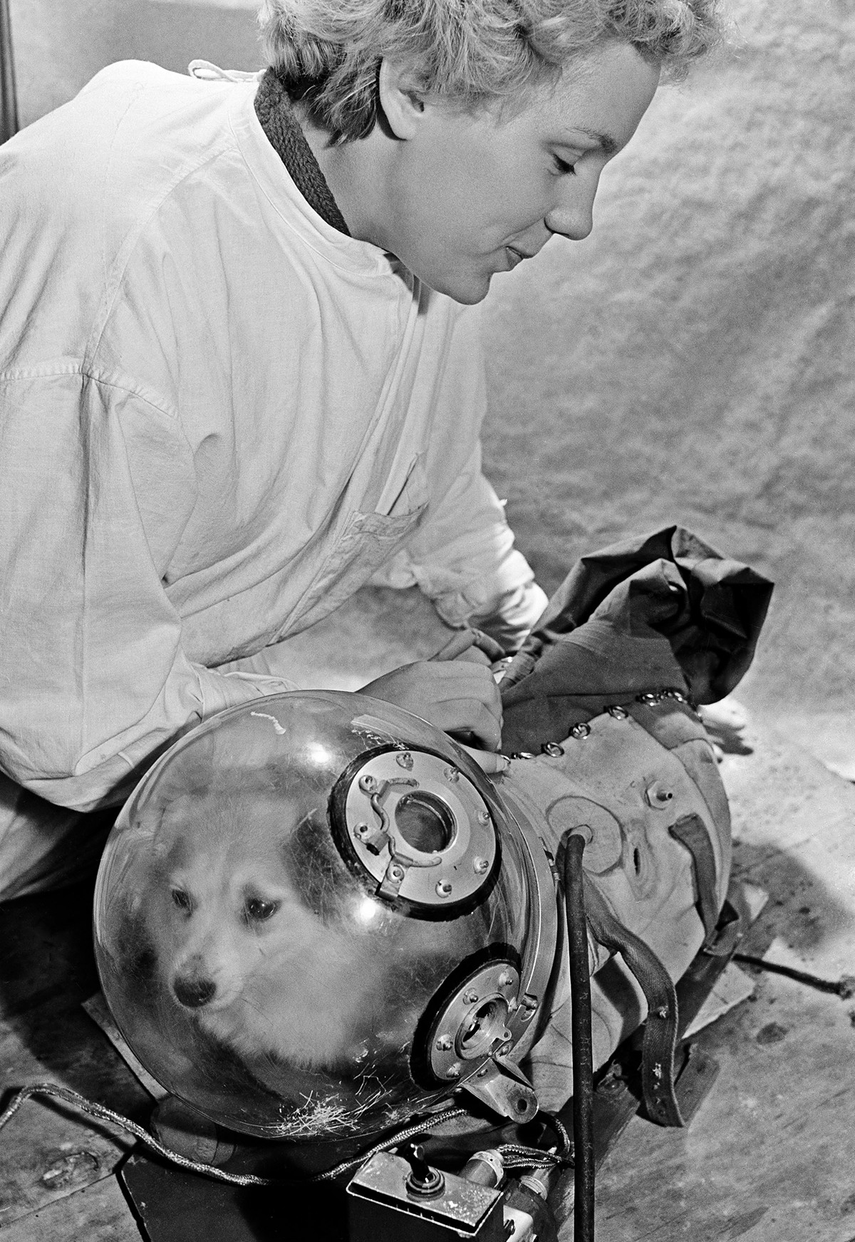 Laboratory assistant Natasha Kazakova trains the space dog Kozyavka for a test spaceflight in 1959.