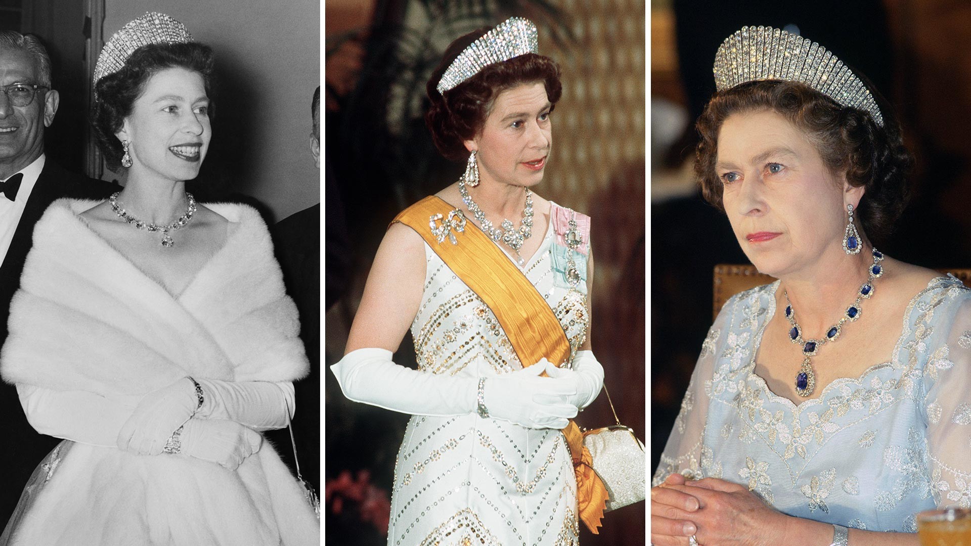 Queen Elizabeth II arrives at a luncheon given by the Governor of Peshawar during a Commonwealth visit to Pakistan, 4th February 1961; Queen Elizabeth II dressed in full regalia in 1975; Queen Elizabeth II attends a banquet in India.1983.