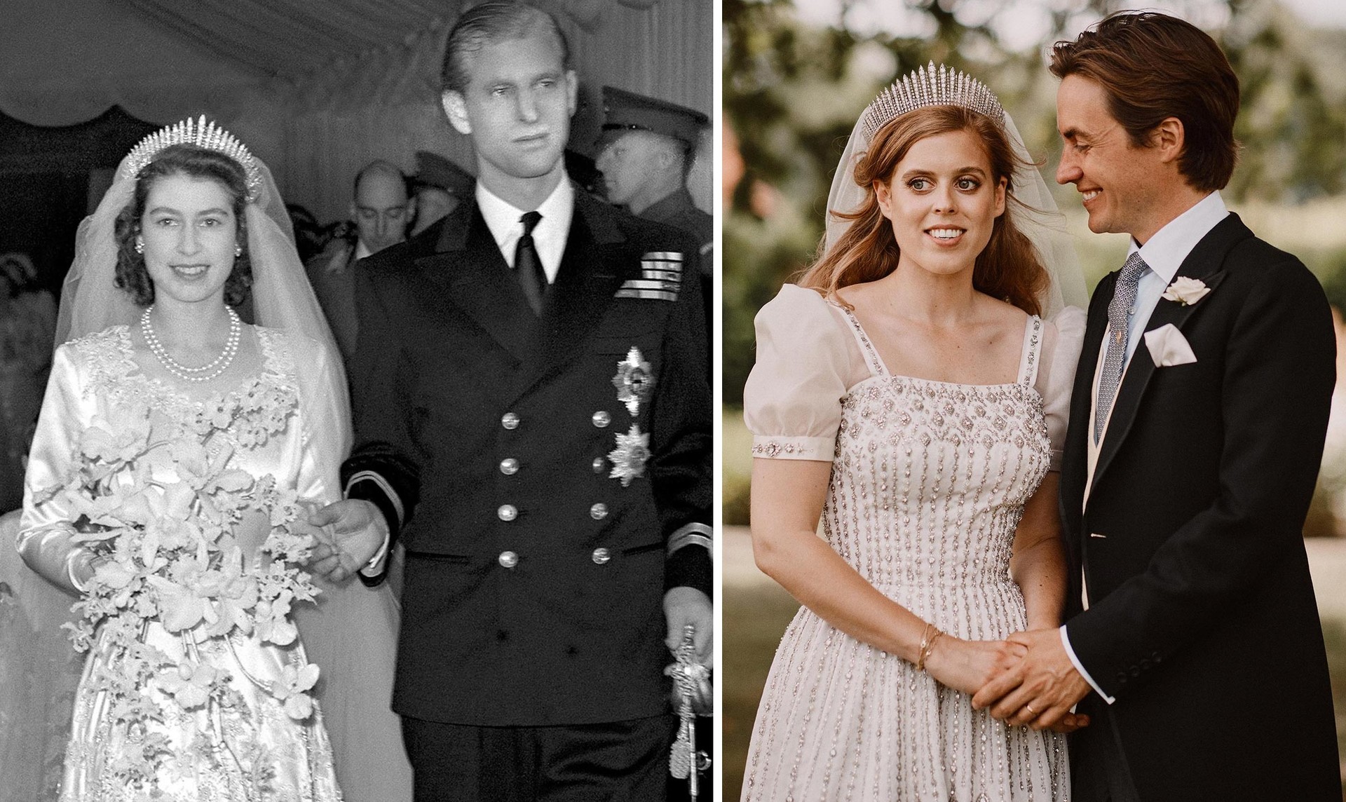The wedding of Elizabeth II in 1947 and the wedding of Princess Beatrice in 2020. 