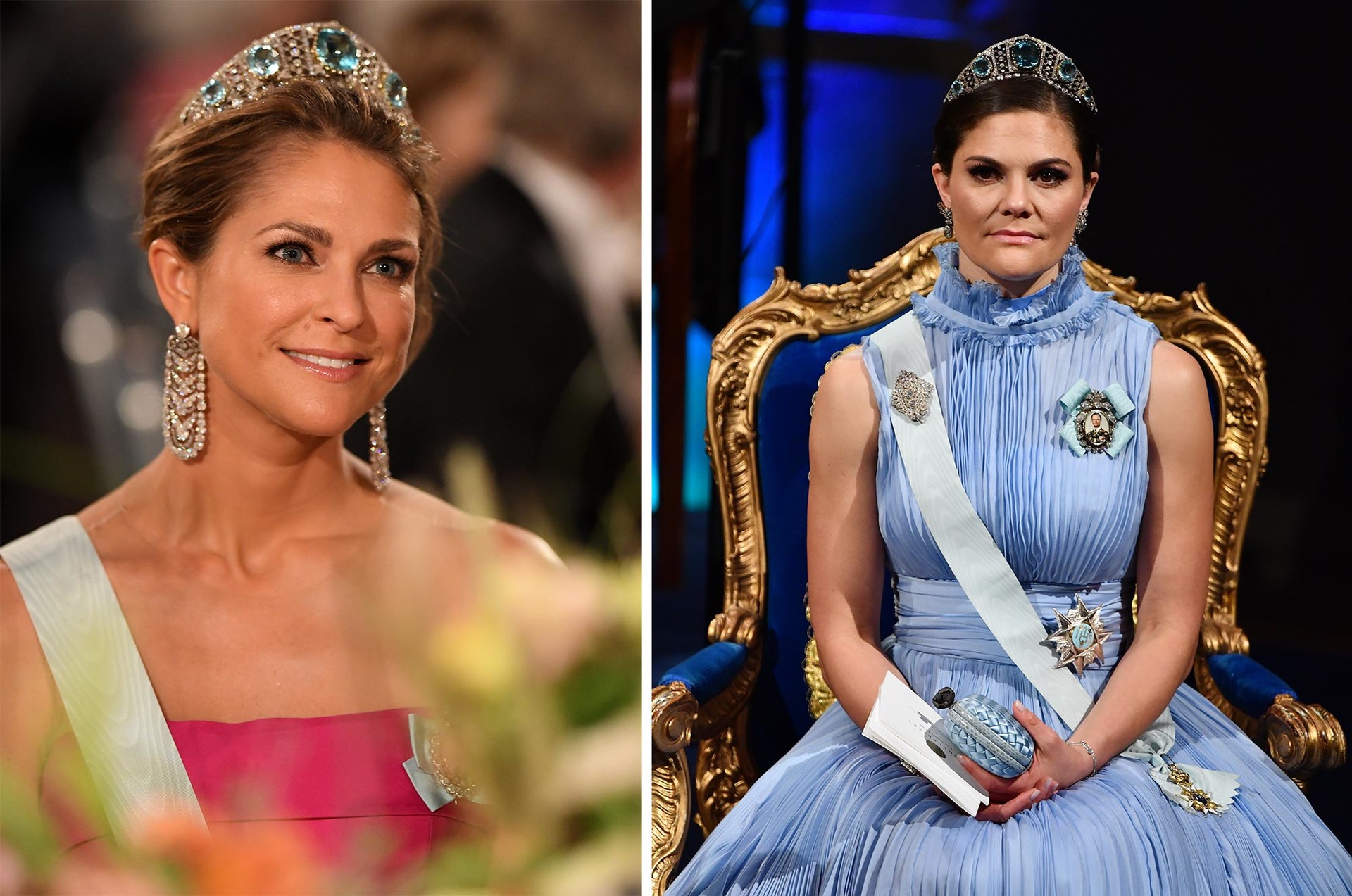 Princess Madeleine attends the Nobel Prize Banquet on December 10, 2019 in Stockholm; Princess Victoria attends the Nobel Prize Awards Ceremony on December 10, 2017 in Stockholm.