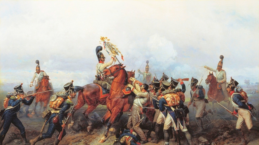"Подвигът на кавалерийския полк в битката при Аустерлиц през 1805 г." (1884) от Богдан Вилевалд
