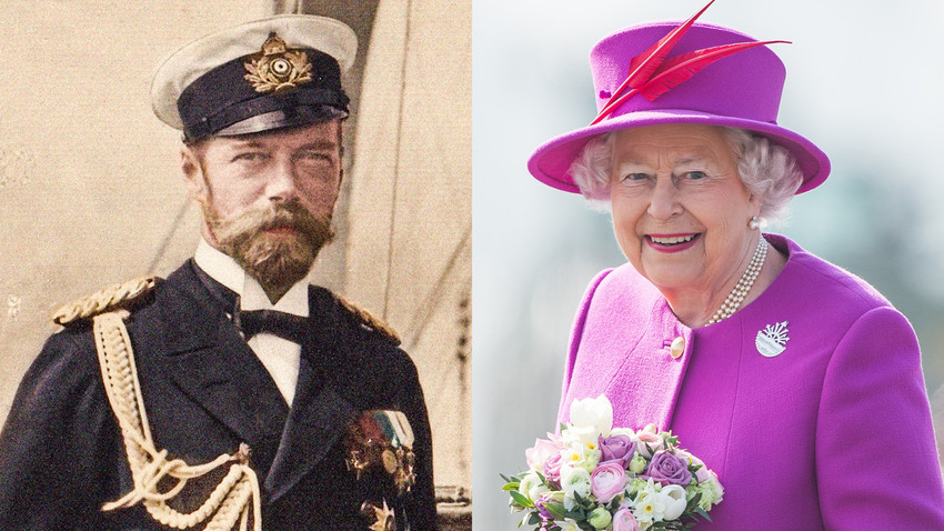 Tsar Nicholas II in Björkö, 1905 (L) / Queen Elizabeth II visits HMS Ocean on March 20, 2015 in Plymouth, England (R)