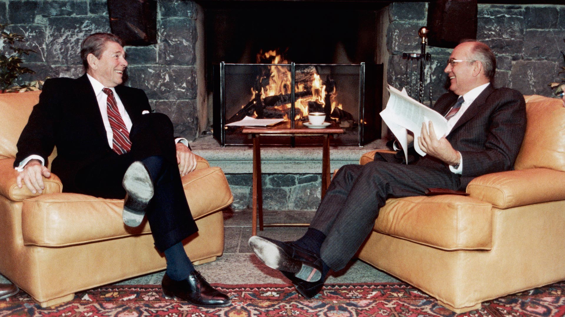 Ronald Reagan and Mikhail Gorbatchev share jokes on a break during the Geneva summit.