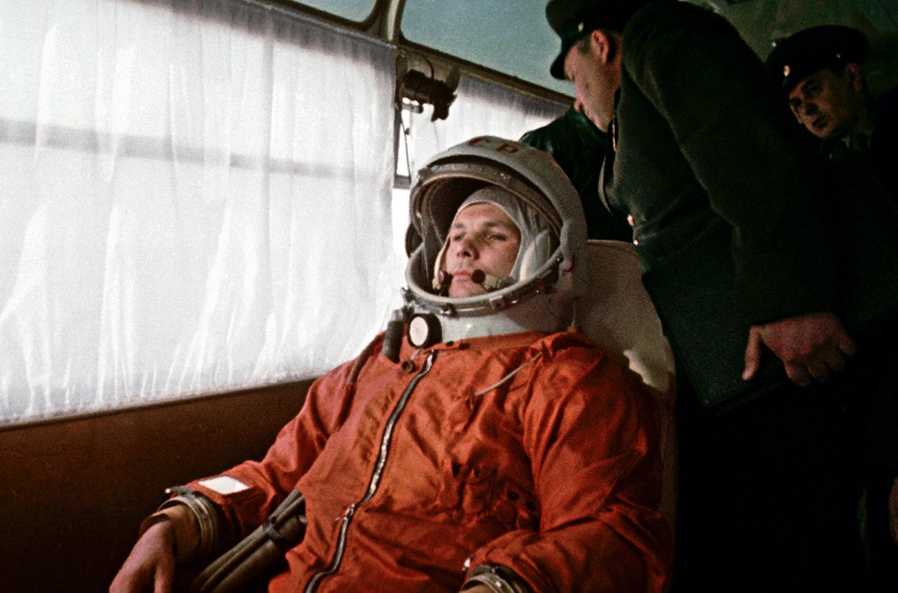 Le cosmonaute Iouri Gagarine au cosmodrome de Baïkonour le 12 avril 1961