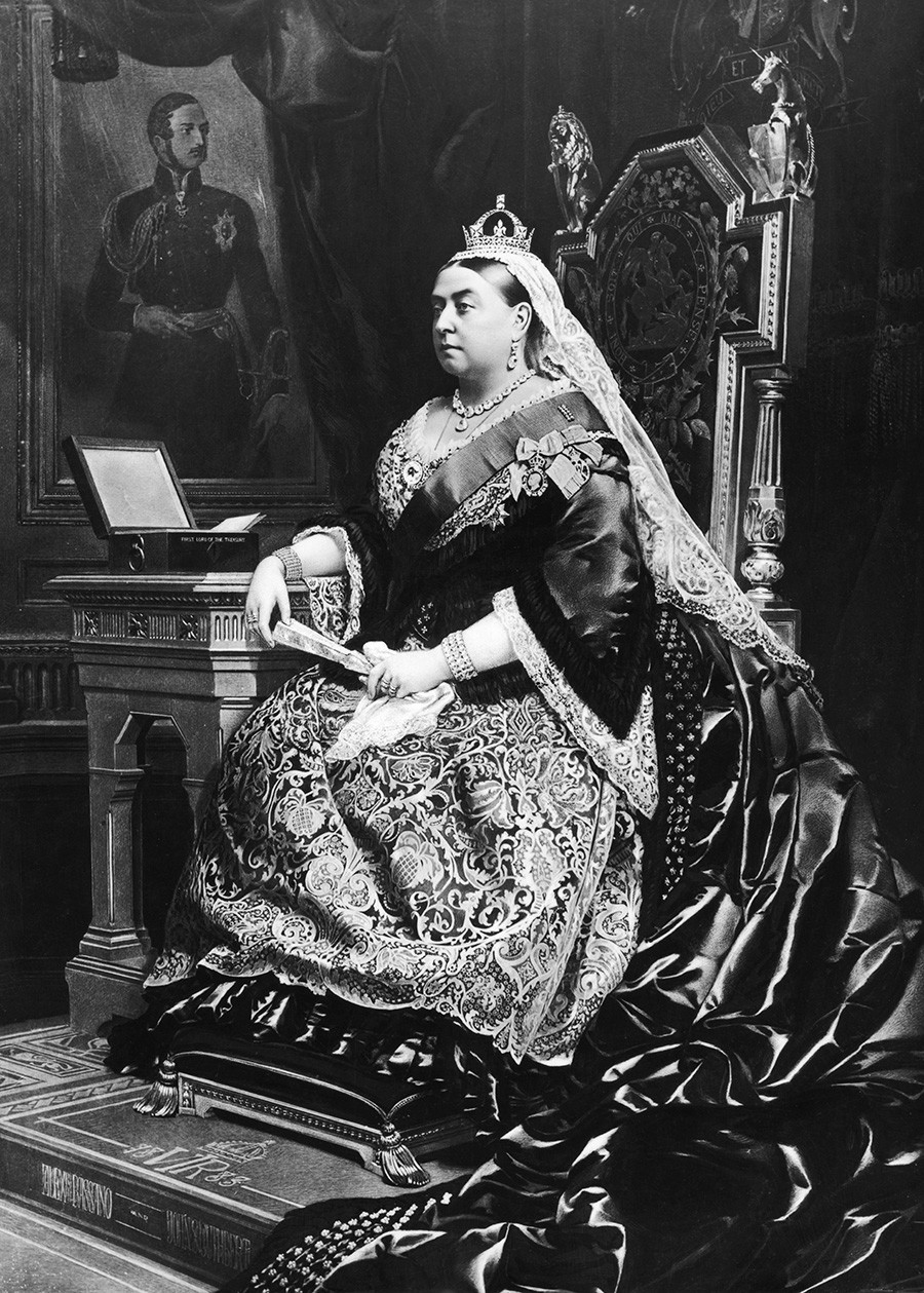 An 1883 painting of Queen Victoria (1819 - 1901), taken from an 1882 photograph by Alexander Bassano. Behind the queen is a portrait of her deceased consort, Prince Albert, by German artist Franz Xaver Winterhalter