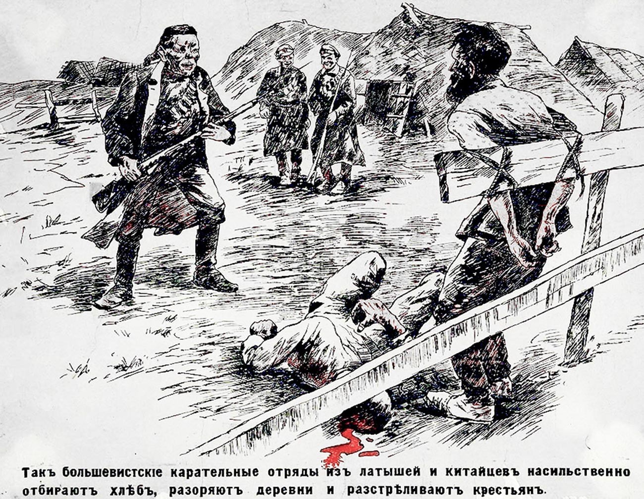 Poster propaganda gerakan Putih yang menggambarkan Tentara Merah Tiongkok dan Latvia.
