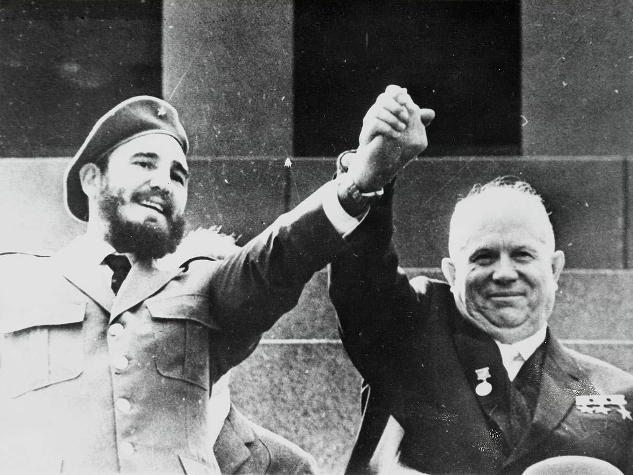 Nikita Khrushchev and Fidel Castro while watching the May Day Parade in Red Square. 