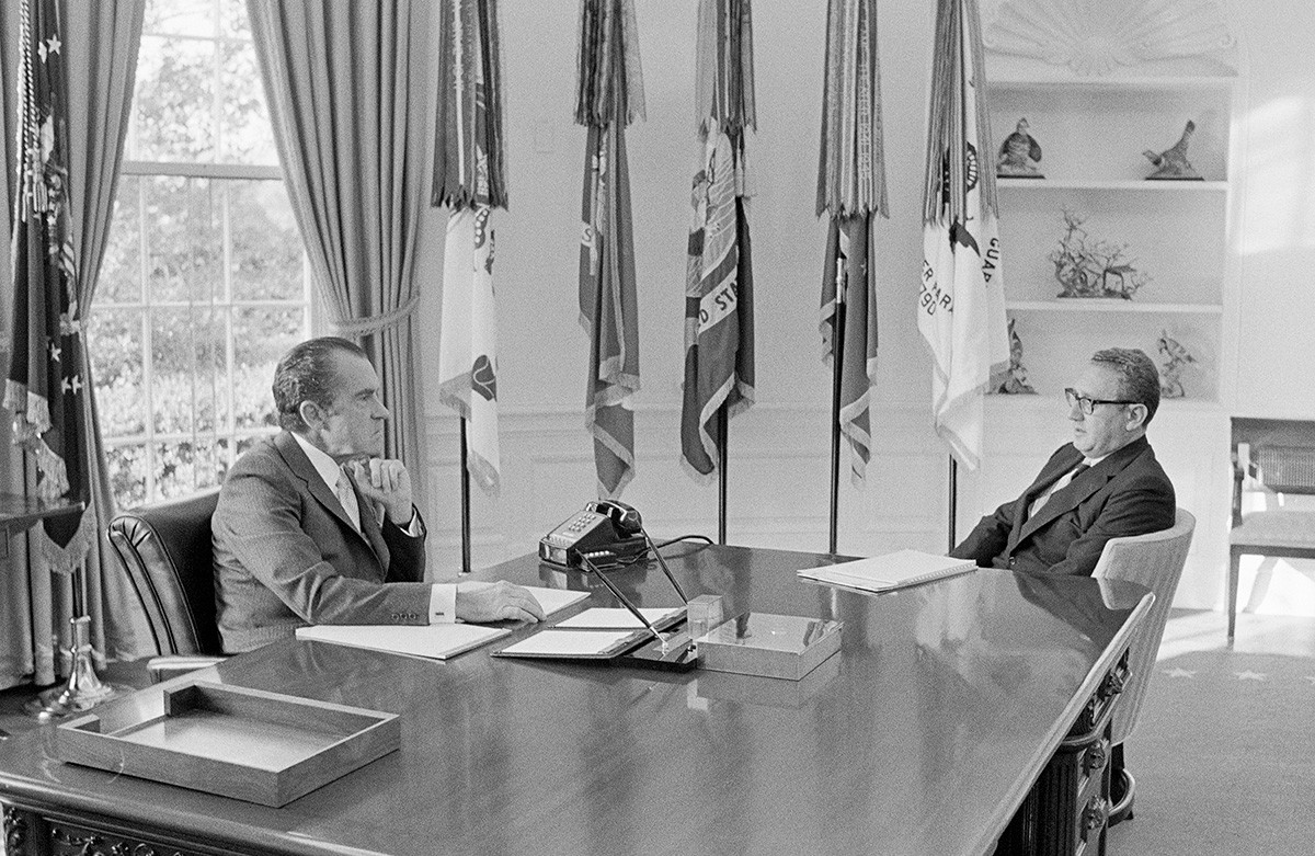 President Richard Nixon meets with National Security Affairs Advisor Henry Kissinger in the Oval Office, 1971