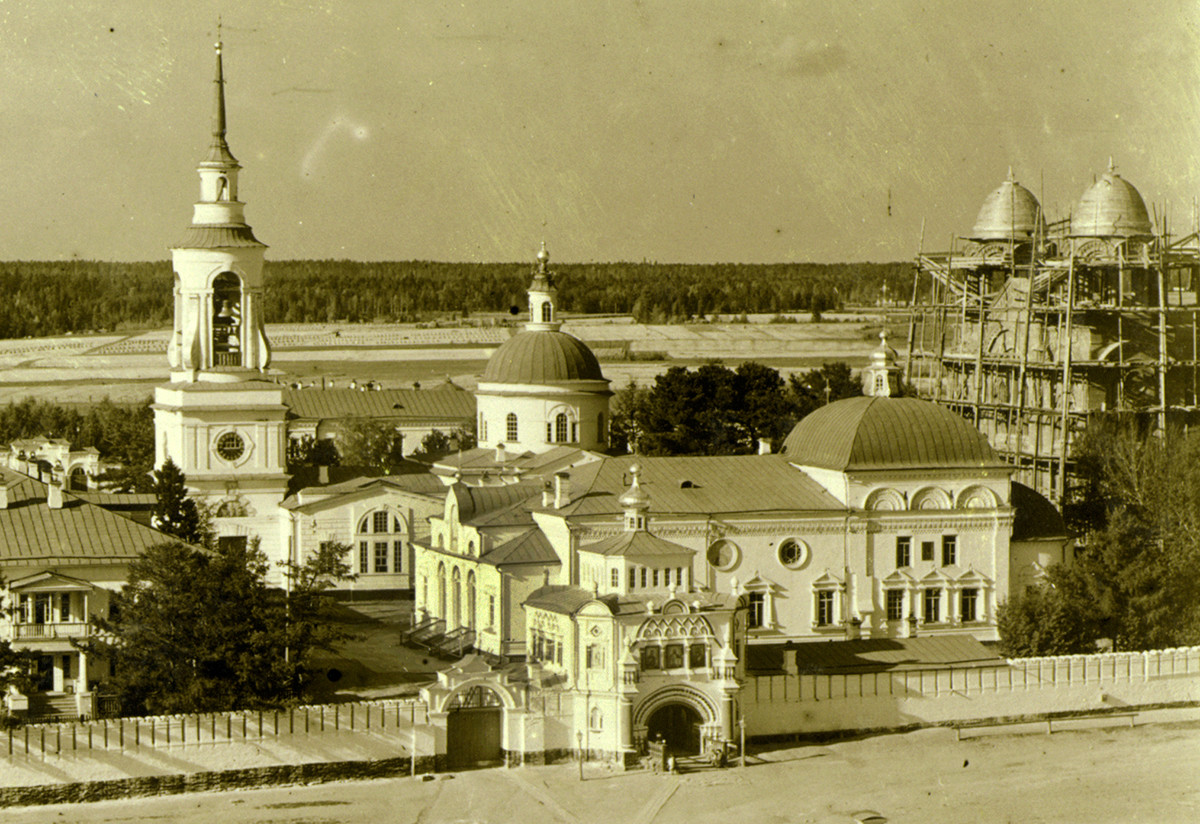  Monastery of St. Nicholas, view northeast from Trinity Cathedral bell tower. From left: bell tower & Transfiguration Church, St. Nicholas Church (demolished), Church of Sts. Simeon & Anna over Holy Gate, Cathedral of Elevation of the Cross (in scaffolding). Summer 1909.