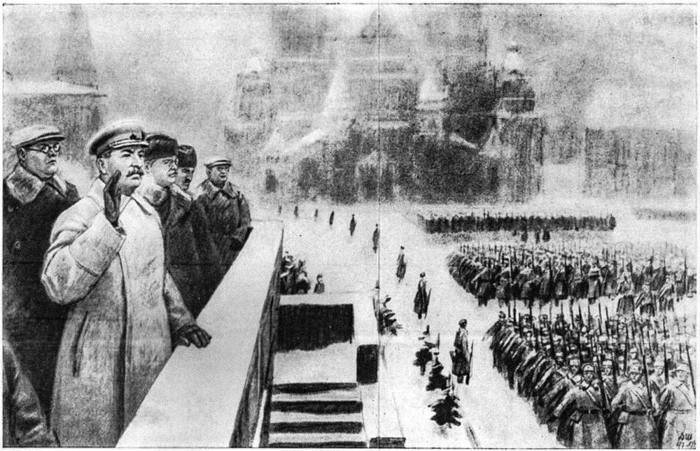 Шчербаков (слева) на трибини маузолеја за време параде 7. новембра 1941.