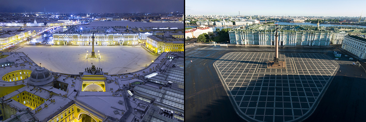Дворцовият площад отгоре: зимна и лятна гледка