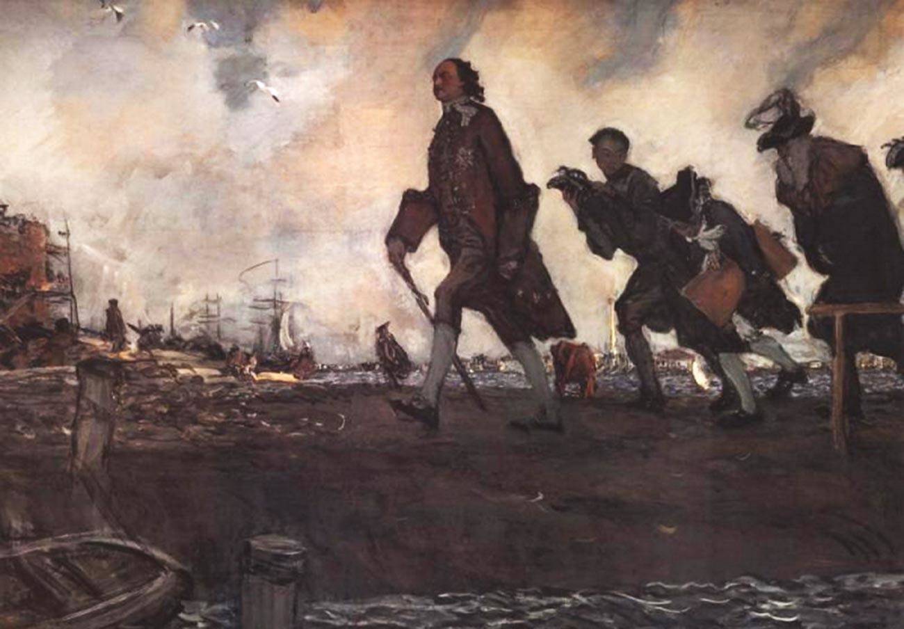 Salah satu dari sedikit lukisan yang mencoba menggambarkan sosok nyata Pyotr yang Agung dan kecepatan gerakannya. 'Pyotr I', 1907, karya Valentin Serov (1865-1911).