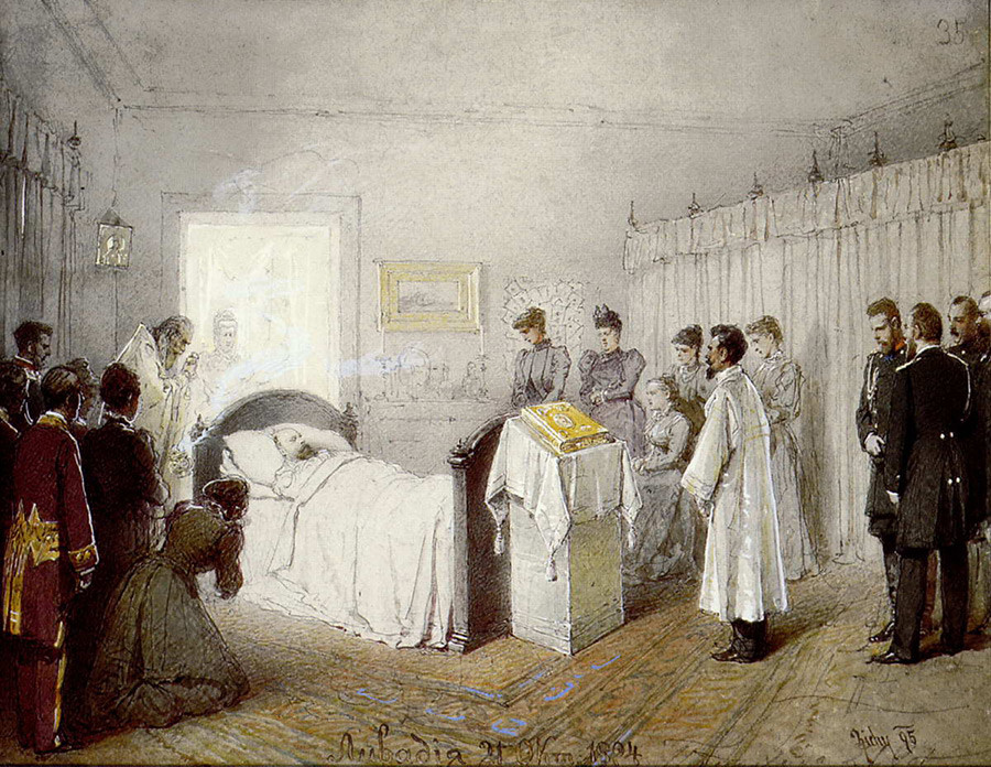 Mihaï Zitchy. Service funéraire du défunt Alexandre III dans la salle du palais de Livadia le 21 octobre 1894. Sur la photo, on ne voit pas Jean de Cronstadt, mais Ioann Ianychev, le confesseur du tsar