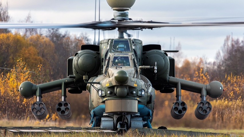 The Mi-28 helicopter is ready for takeoff.