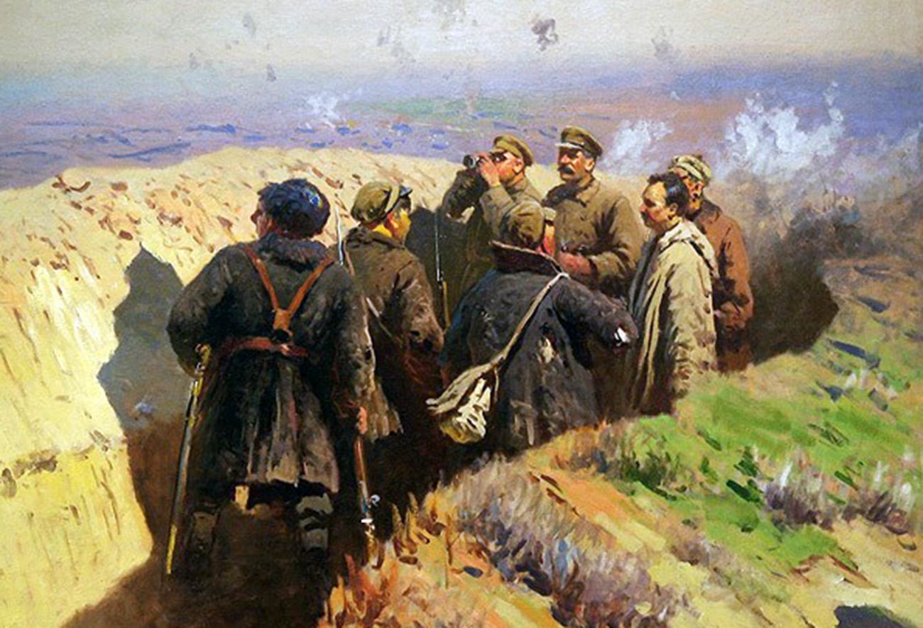 Stalin, Voroshilov y Shchadenko en las trincheras de Tsaritsin.
