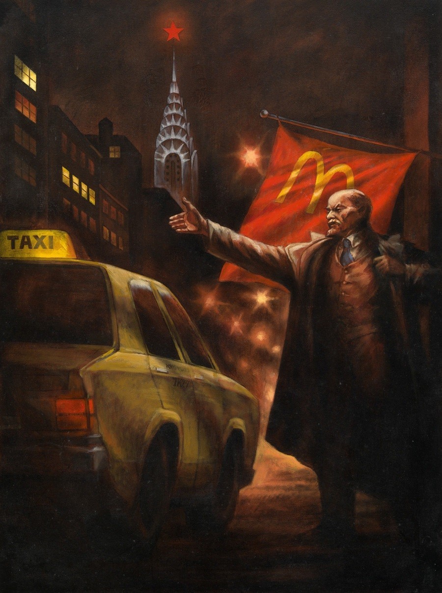 Komar e A. Melamid. Lenin Chama Táxi em Nova York, da serie “Realismo Socialista Nostálgico”, 1993


