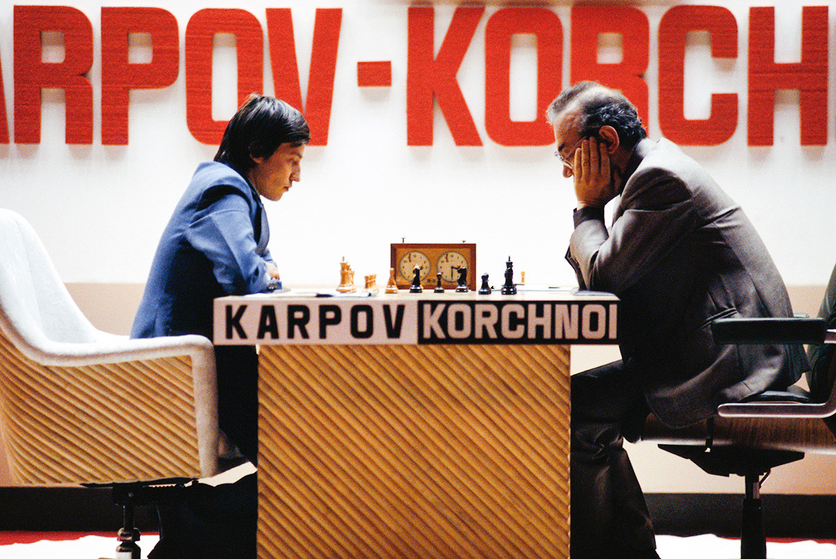 Anatoly Karpov and Viktor Korchnoy compete in the 1978 World Chess Championships in the Philippines.