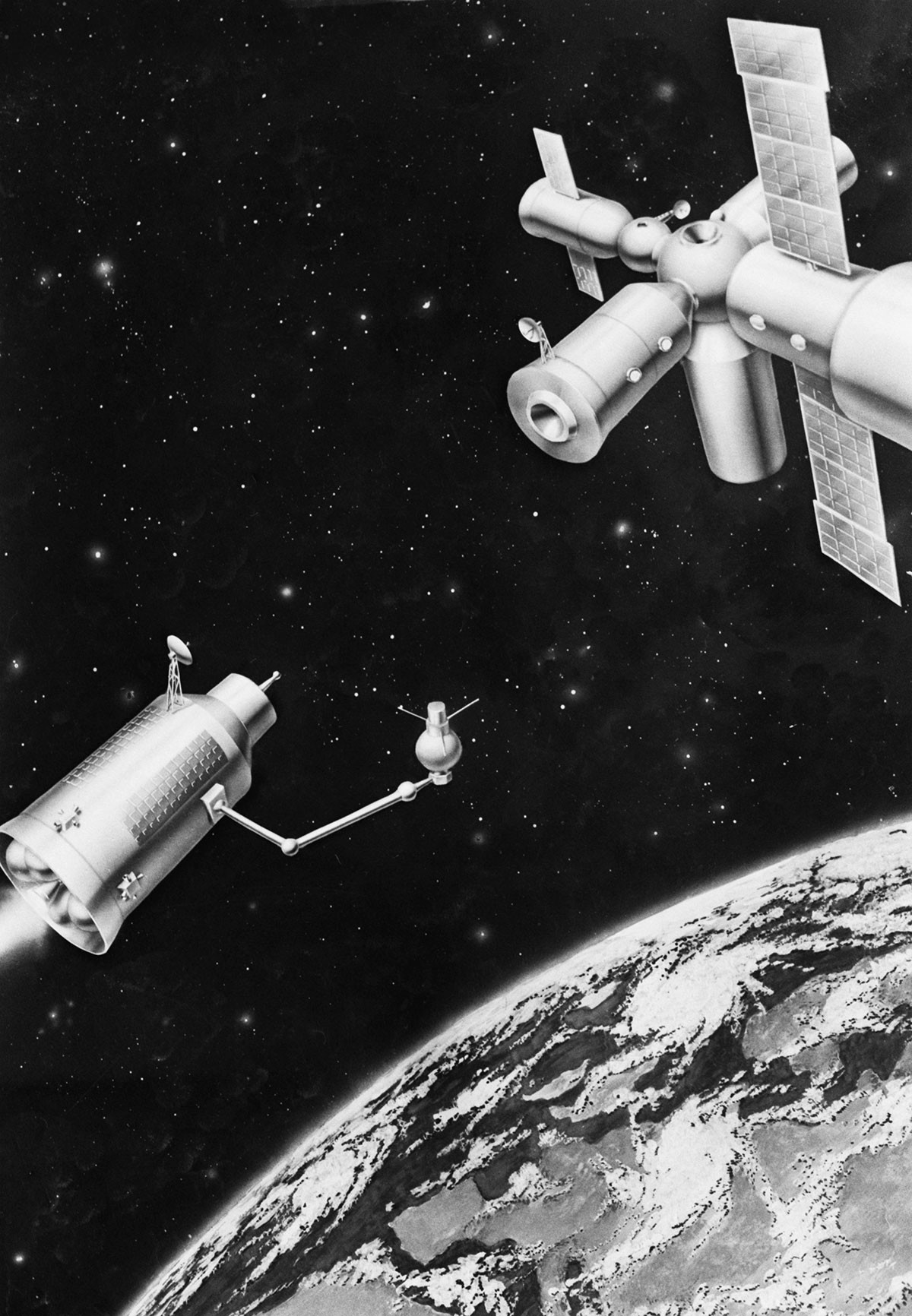 Disegno schematico di un razzo di ritorno da Marte con una stazione spaziale nell'orbita terrestre. URSS, 1° marzo 1988