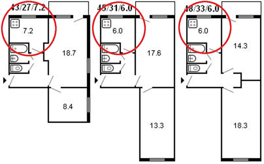 A plan of three apartments of a Soviet residential building. Kitchens are marked with a red circle