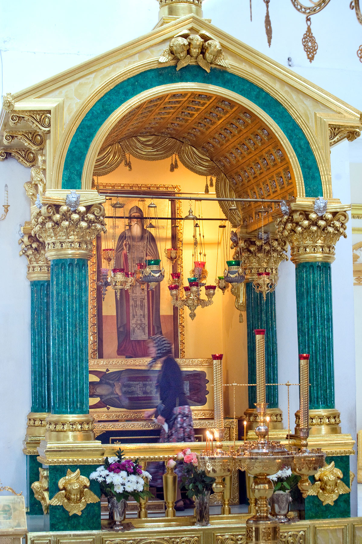 Epiphany Cathedral. Canopy with casket containing relics of St. Nilus. August 24, 2016.