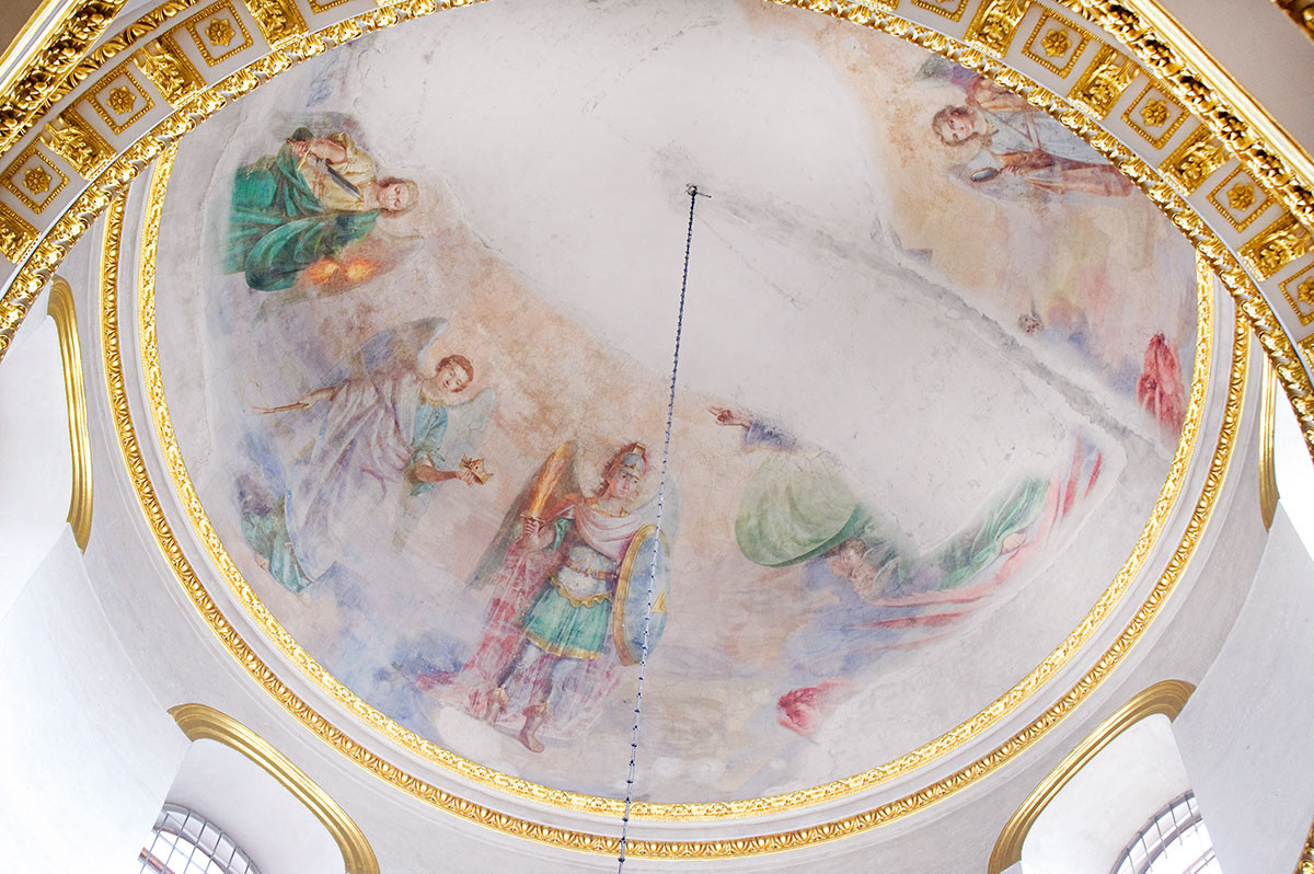 Epiphany Cathedral. Main dome painting: Gathering of Archangels. From upper left: Archangels Uriel, Jegudiel, Michael. August 23, 2016.